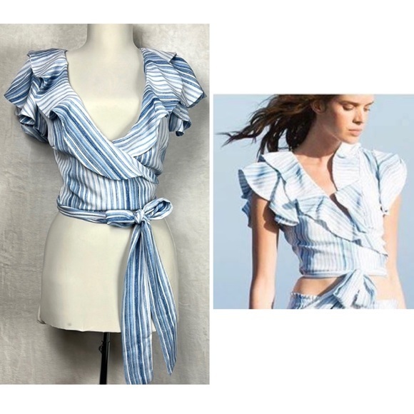 Misa Los Angeles Marah Blue White Stripe Ruffle Wrap Crop Linen Modal Top Blouse - Picture 1 of 16